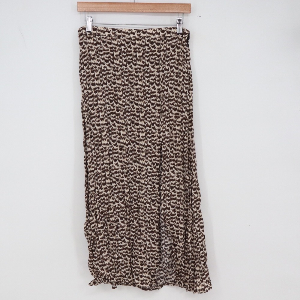 H&M Skirt Womens 6 Midi Abstract Ikat Print Brown High Rise Side Slit Excellent